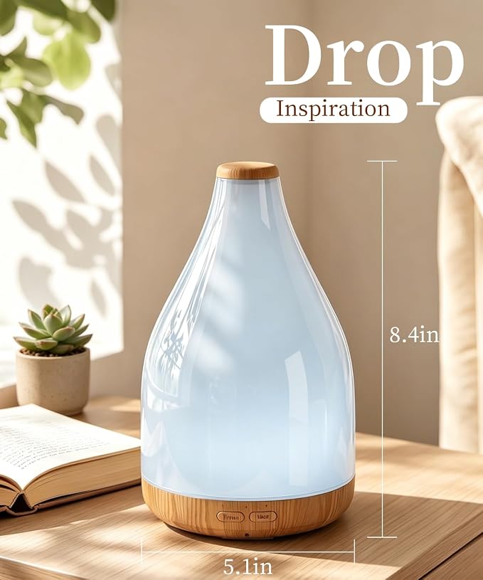 Large Essential Oil Diffuser for Home, Drop-Shape Aroma Diffusers 300ML for Aromatherapy, Air Scent Fresh, Ultrasonic Cool Mist Humidifier & LED Light, 1-3-6H Timer Auto Shut-Off, Brown