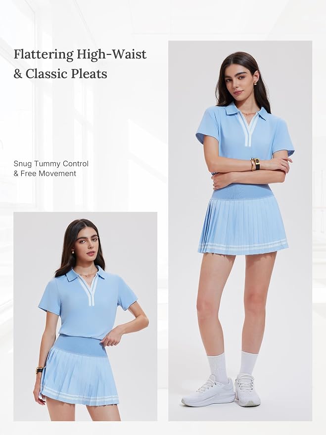 Women 2 Piece Tennis Skirt Set Pleated Golf Outfit, Polo V-Neck Athletic Dress Alternative Skort Set for Pickleball Pockets