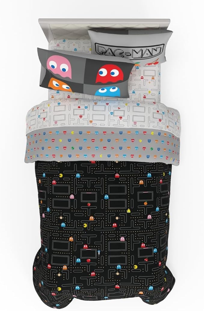 Pac-Man Gaming 5 Piece Super Soft Cozy Reversible Comforter and Sheet Set with Sham, Twin, (Officially Licensed Product) By Franco