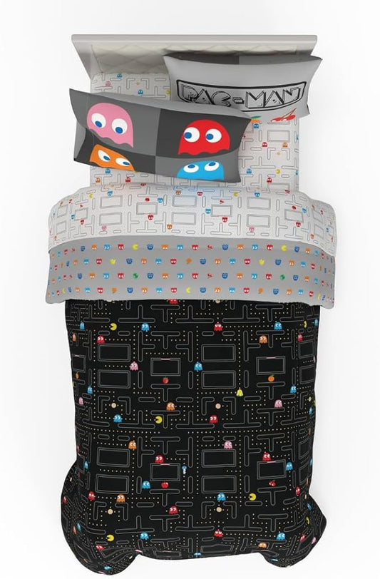 Pac-Man Gaming 5 Piece Super Soft Cozy Reversible Comforter and Sheet Set with Sham, Twin, (Officially Licensed Product) By Franco