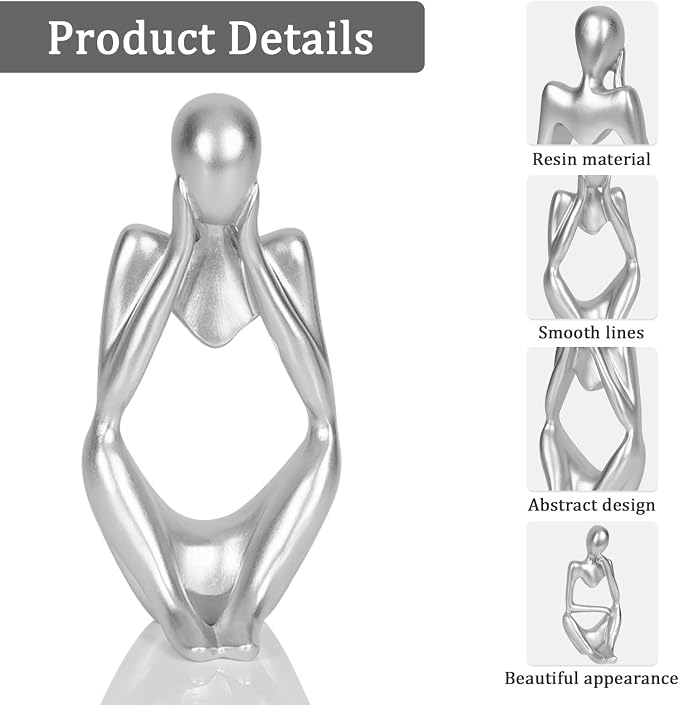 Sandstone Resin Thinker Statue Style Abstract Sculpture, Silver, Focus | Small Statue Collectible Figurines, Modern Aesthetic Ornament for Home Office Bookshelf Desktop Coffee Table Decor