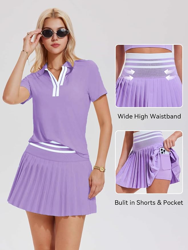 Tennis Skirt Set for Women Color Block V Neck Golf Pickleball Outfits Pleated Athletic Two Piece Skirts Sets