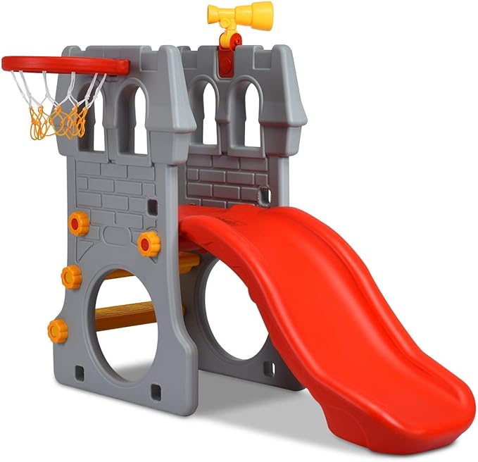 HONEY JOY Kids Slide with Basketball Hoop, 4-in-1 Toddler Freestanding Slide, Telescope, Hide and Seek Crawling Space & Climbing Stairs, Children Playground Toys Set for Indoor and Outdoor Games