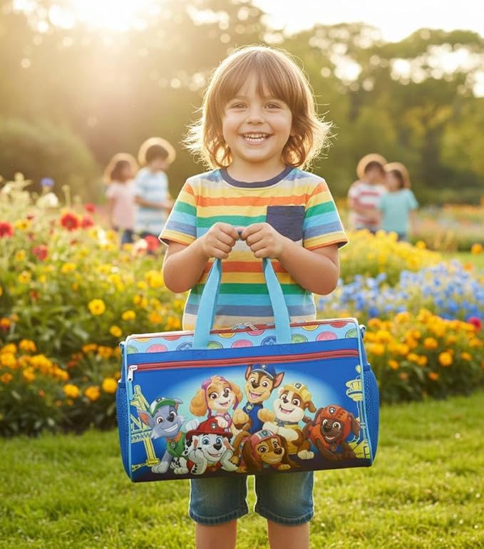PAW Patrol Kids Duffle Bag 16.5" – Travel & Sports Bag with Zipper Pocket, Mesh Side Pockets & Shoulder Strap