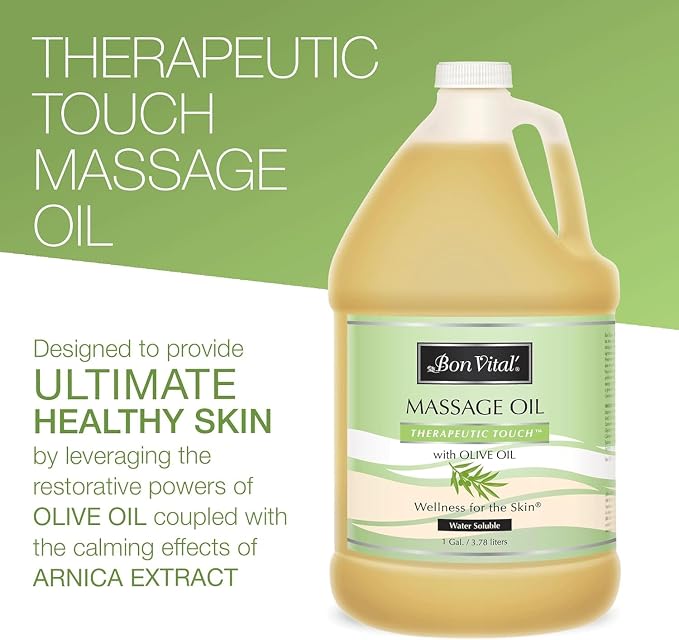 Bon Vital' Therapeutic Touch Massage Oil, 1-Gallon Bottle, Unscented Massage Oil for Massage Therapy With Olive Oil, Lightweight Non-Greasy Formula, Professional-Grade for Dry Skin and Sore Muscles