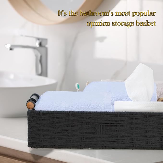 Basket for Toilet Paper Storage Baskets for Bathroom Decor Organizing | with Handle for Bedroom Home Decor and Shelves Apartment Countertop Use,Black