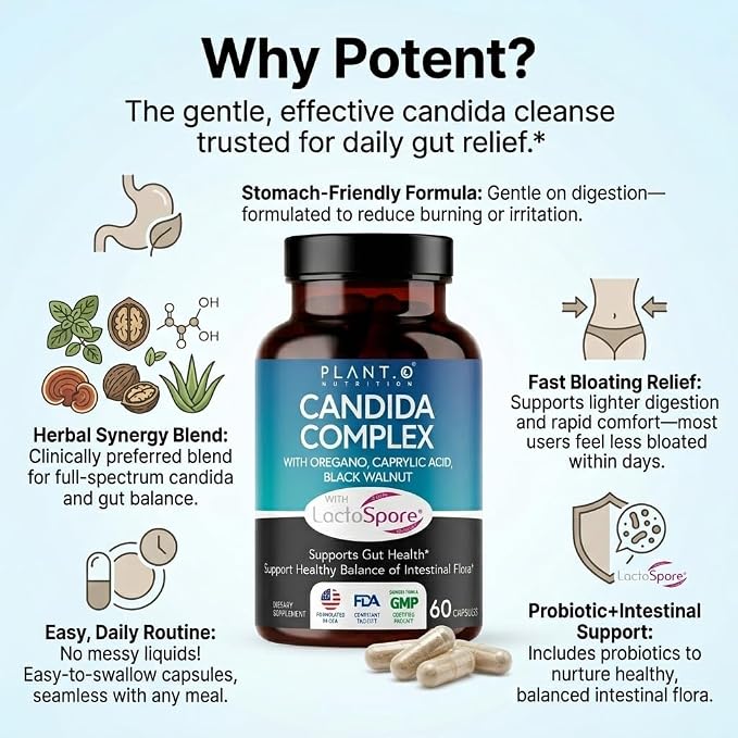 Candida Cleanse Supplement & Yeast Support with Probiotics (LactoSpore®), Oregano Oil, Caprylic Acid, Black Walnut – Advanced Gut Health, Digestive Enzymes, pH Balance for Women and Men – 60 Capsules