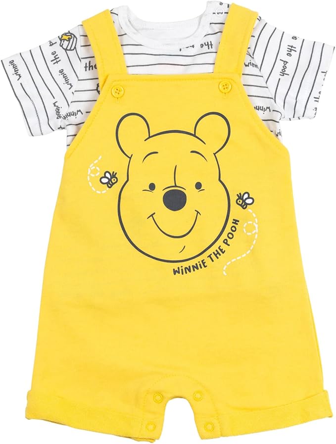Disney Winnie the Pooh Baby Short Overalls, T-Shirt & Hat 3 Piece Outfit Set Newborn to Infant Sizes (0-24 Months)