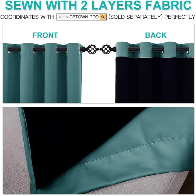 NICETOWN 100% Blackout Curtains 108 inches Long, Noise Reduction Window Treatment Curtains, Thermal Insulated Energy Smart Drapes Draperies for Apartment Decor, Sea Teal, Set of 2, 52 inches Wide