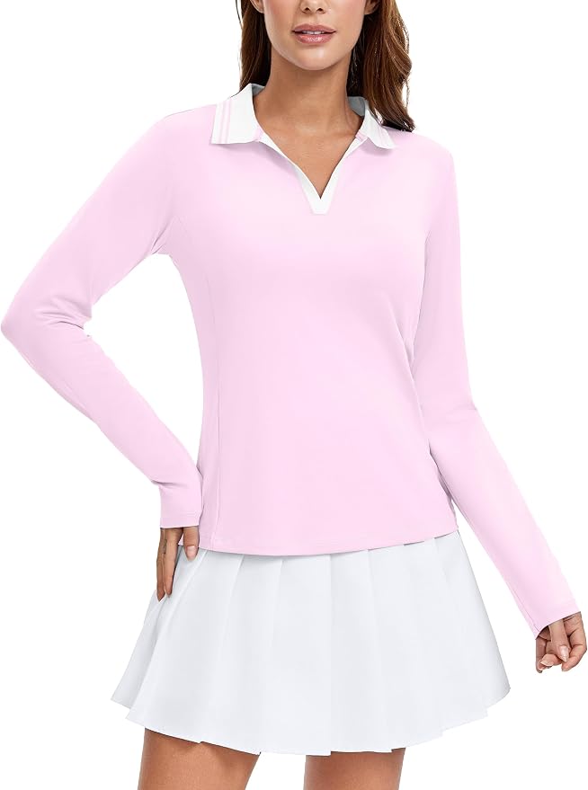 MathCat Womens Golf Shirts, Long Sleeve Polo Shirts Collared V Neck Tennis Shirts Breathable Athletic Tops