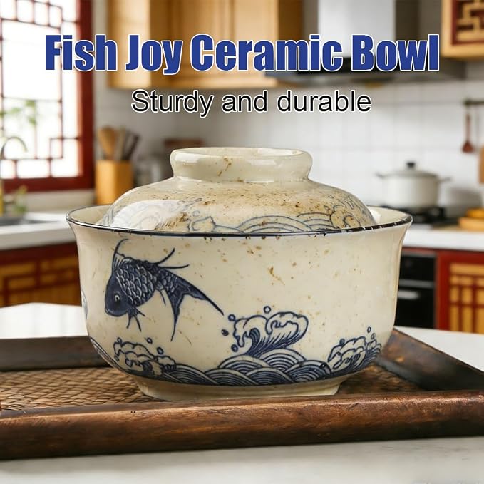 25 Oz Ceramic Ramen Bowl Set with Lid, Spoon & Chopsticks - Japanese Vintage Large Soup Bowl, Asian Tableware for Instant Noodles, Soup & Rice (Fish Pattern)