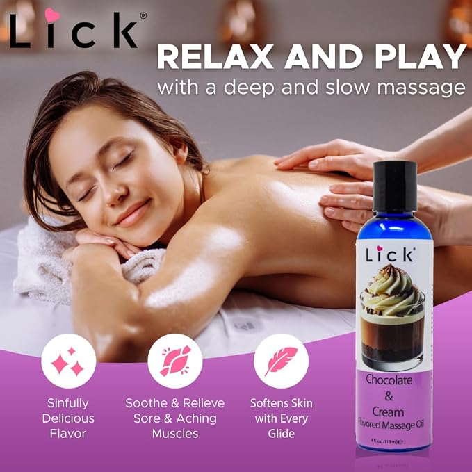Lick Chocolate and Cream Massage Oil – Smooth Dessert-Inspired Edible Massage Oil with Almond Oil & Vitamin E, Luxurious Glide for Couples Massage, 4 oz