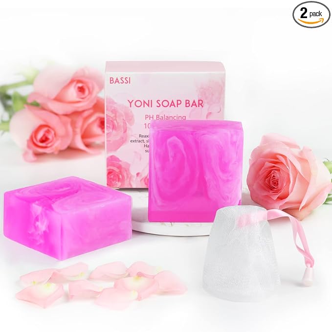 Yoni Soap Bars Feminine Wash 2 PCS, 100% Natural Organic Bar Soap for Women pH Balance, V Cleansing Soap for Daily Freshness & Odor Control, Handmade Rose Soap with Foaming Net 3.53 oz