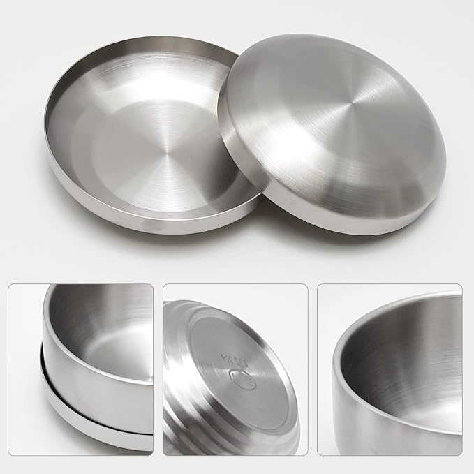 Stainless Steel Rice Bowl with Lid, Set of 2, for Korean Kitchen Restaurant, Double-walled Metal Bowls, Multi-Purpose Insulated Soup Bowls Snacks Bowls (11.5cm Silver)