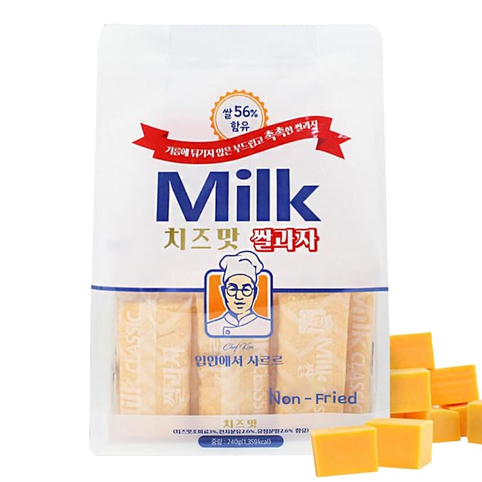 Korean Milk Classic Rice Cracker, Cheese Flavor, 56% Rice – Non-Fried, Zero Trans Fat, Individually Wrapped, Light & Crispy, 240g (8.47oz) – 24 Pack (Cheese)