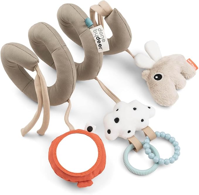 Done by Deer Baby Sensory Activity Spiral Happy Clouds, Sand - Soft Baby Toy with Crinkle Sound, Mirror, Teathers and Tactile Elements for Easy Mount on Cots, Car Seats, Strollers and Prams