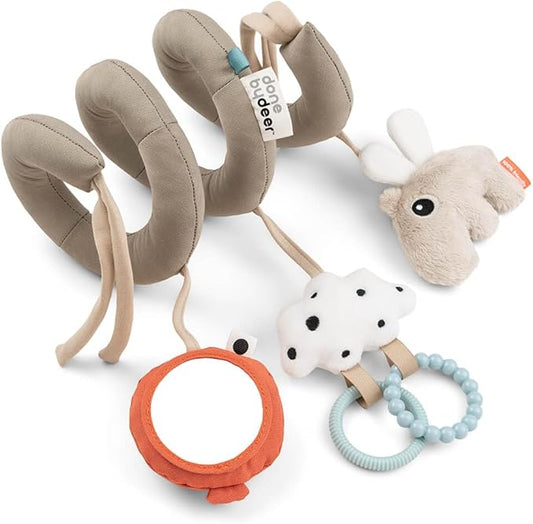 Done by Deer Baby Sensory Activity Spiral Happy Clouds, Sand - Soft Baby Toy with Crinkle Sound, Mirror, Teathers and Tactile Elements for Easy Mount on Cots, Car Seats, Strollers and Prams