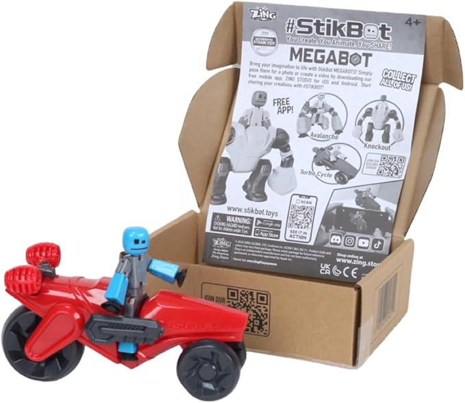 Zing Stikbot Megabots - Red (Turbo Cycle) Stikbot Poseable Collectible Stop Motion Action Figures and Mega Vehicles