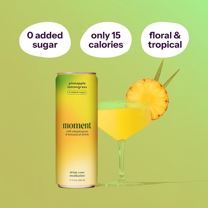 Moment Adaptogen Drink (Shark Tank) - Non Carbonated Botanical Tea - Calm, Clarity & Relaxation with L-Theanine & Ashwagandha - Non Alcoholic Drinks - 0 Sugar 0 Caffeine - 12 Pack 11.5 fl oz