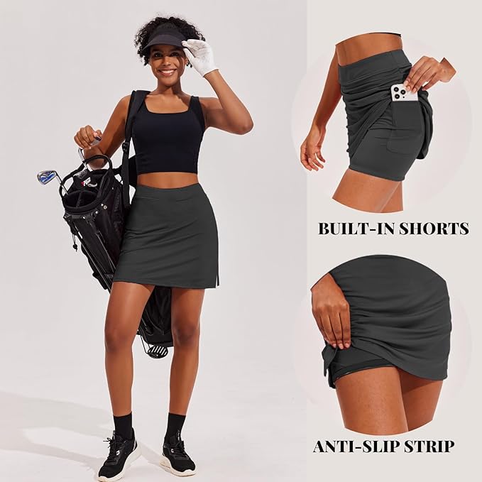 Ekouaer 16" Skorts for Women with Pockets Golf Pickleball Tennis Skirt | Silicone Grippers,2 Inner Pockets,Wide Waist,Side Slit Hem,Breathable,Soft,Lightweight