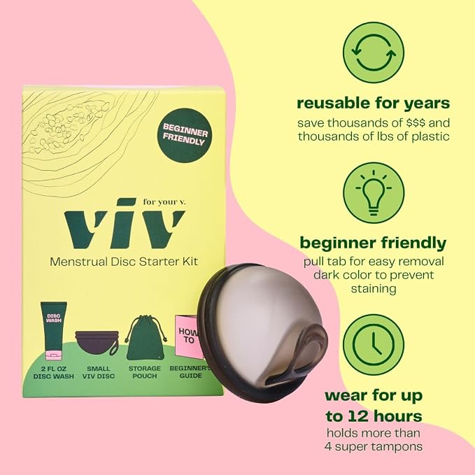 Viv For Your V Premium Soft Menstrual Disc Kit, Flexible Small Period Disc, Pull Tab Ring Easy Removal, Cleansing Gel Wash, Travel Pouch, Comfortable 12 Hour Wear, Reusable, Medical Grade Silicone