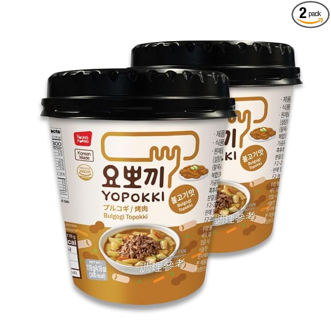 Yopokki Instant Tteokbokki Rice Cakes Korean, Bulgogi Topokki Cup - Great with Cheese and Ramen Toppings, Korean Snacks for College Dorm, Korean Street Food Quick & Easy to Prepare, Pack of 2