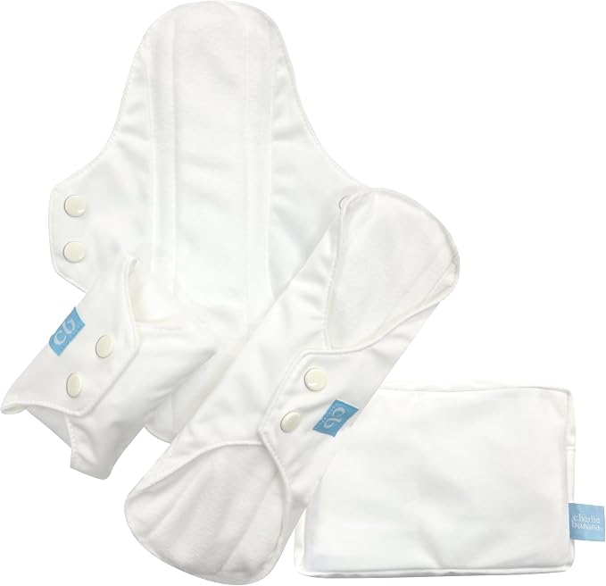Charlie Banana - Reusable Feminine Pads Super 3 Pack with Pouch | Washable Menstrual Pads for Heavy Absorbency | White