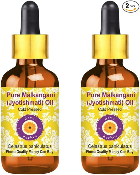 Deve Herbes Jyotishmati Oil (Celastrus paniculatus) with Glass Dropper | Cold Pressed | Pure | for Diluting Essential Oils | Skin & Massage | Non-Sticky| Lightweight| Unisex | 30ml X 2 (2 oz)