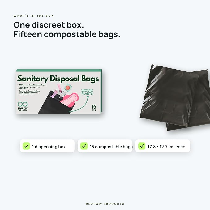 Sanitary Disposal Bags (Single Pack x 15 Bags) – Bio-Based PLA, Leak-Proof & Odor-Lock Bags (Meets ASTM D6400 Standards) for Pads, Tampons & Panty Liners – Easy-Seal, Travel-Friendly.