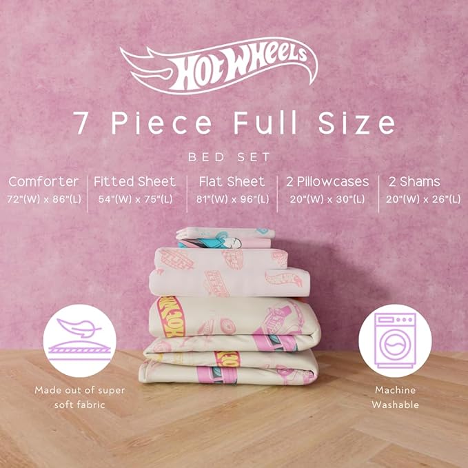 Hot Wheels Girls Kids Bedding Super Soft Comforter and Sheet Set with Sham, 7 Piece Full Size, (Officially Licensed Product) By Franco