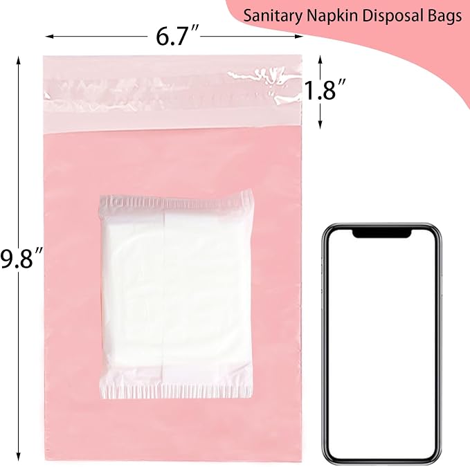 Sanitary Napkin Disposal Bags Feminine Hygiene Bags,100Pcs, Pink, 6.7x9.8IN | 1.67 Mil Thickness, Self-adhesive, Disposable Period Trash Bags, For Pads and Tampons, Blocks Odors