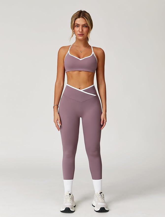 ABOCIW Workout Sets for Women 2 Piece Color Block Strappy Sports Bra High Waist Shorts Gym Yoga Pilates Outfits