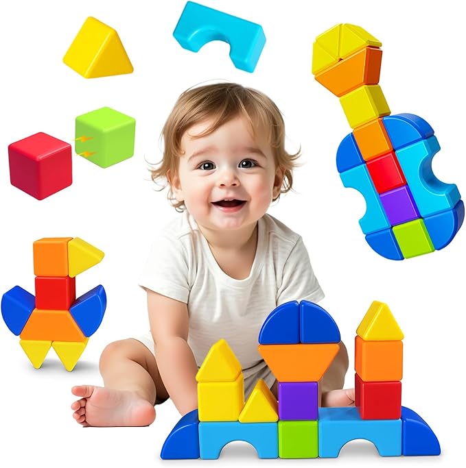 Magnetic Building Blocks, Large Magnetic Stacking Blocks for Toddlers, 1.65 Inch 3D Magnet Cubes & Multiple Shapes, Montessori & Sensory Toys for Kids Ages 1-3 (15PCS)
