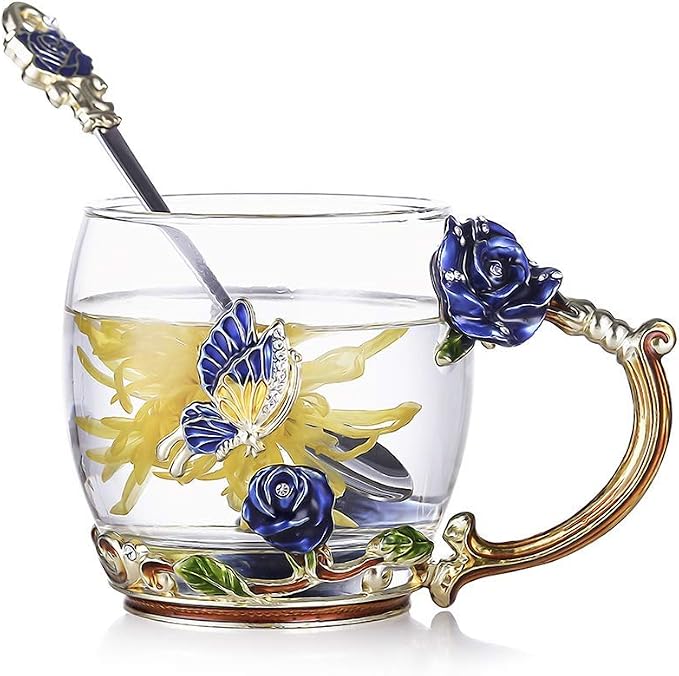 Luka Tech Enamels Butterfly flower Lead-free Glass Coffee Mugs Tea Cup with Steel Spoon, personalised Gifts For Women Wife Mom Friends Birthday Mothers Valentines Day Wedding (Blue)