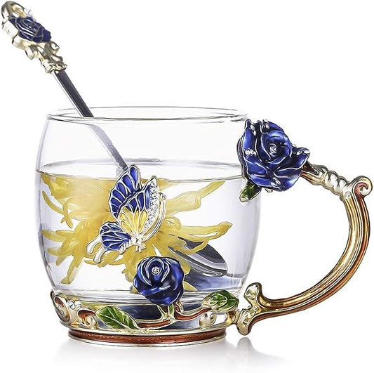 Luka Tech Enamels Butterfly flower Lead-free Glass Coffee Mugs Tea Cup with Steel Spoon, personalised Gifts For Women Wife Mom Friends Birthday Mothers Valentines Day Wedding (Blue)