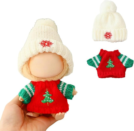 Christmas Hat Clothes for Dolls Accessories, Stylish Kawaii Festive Christmas Tree Sweater Outfit Set 2 Pieces Suitable for 15cm 17cm Doll , Xmas Doll Clothing Set Replacement