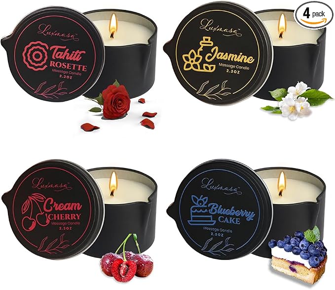 Massage Candle Oil, Pack of 4, Tahiti Jasmine Cream Cherry Blueberry