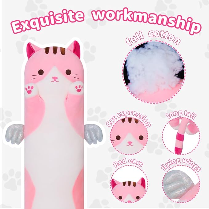 Long Cat Body Pillow for Kids, Cute Cat Stuffed Animals Gifts for Girls, Long Cat Plush Toy for Birthday, Soft Cat Plushies Pillow (Pink, 43.3in/110cm)