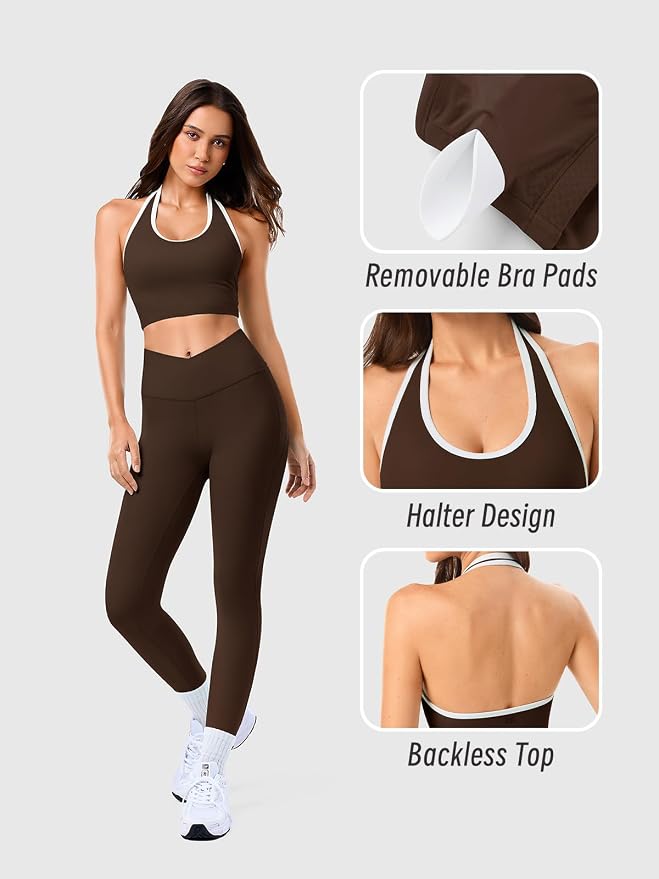Halter Workout Top for Women: Open Back Sports Bra Color Block Tops with Built in Bra Yoga Gym Crop