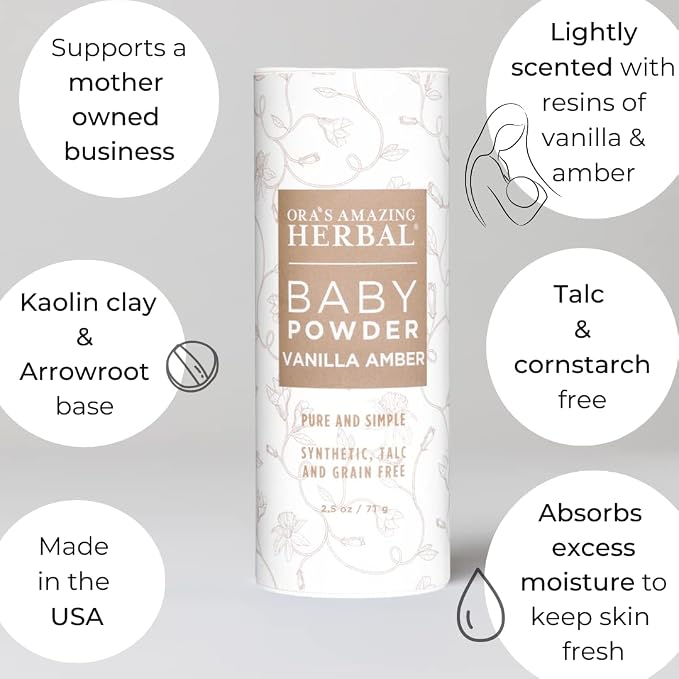 Baby Powder Talc-Free, Real Vanilla Amber Natural Scent, Cornstarch Free Arrowroot and Clay Based Powder, Synthetic Fragrance Free, Ora's Amazing Herbal, 2.5 oz