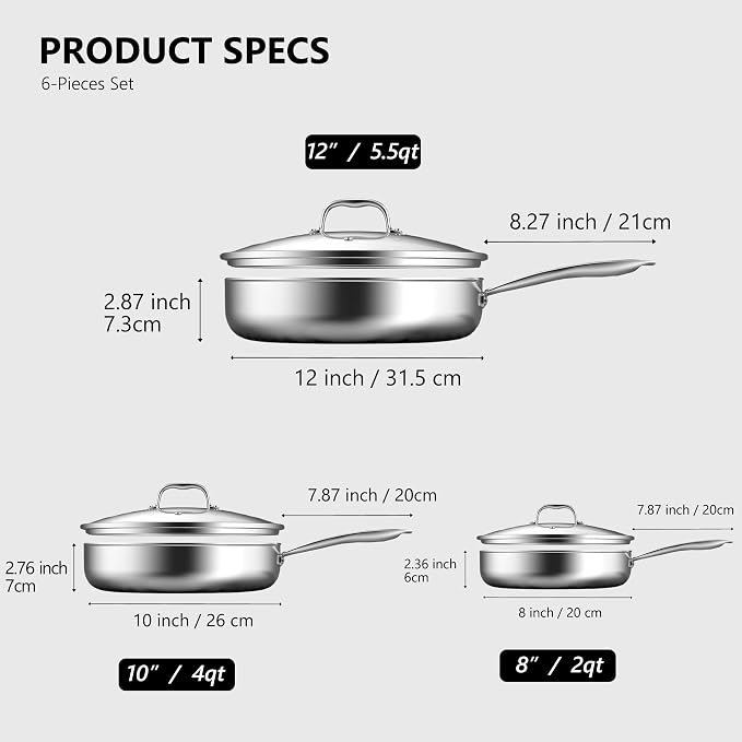 imarku 8, 10 and 12-Inch Non Stick Frying Pans with Lids, Ceramic Coating | 6-Piece Stainless Steel Cookware Set for Home Cooking, Dishwasher Friendly, Oven Safe, Induction Ready, for Men and Women