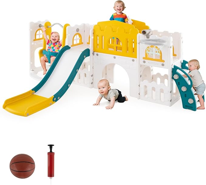 Costzon 10 in 1 Toddler Swing and Slide Set, Kids Slide and Climber Playset w/Aisle, Peek-a-Boo Window & Storage Space, Baby Indoor Playground for Aged 1+ (Yellow+Blue,100" × 59" × 40")