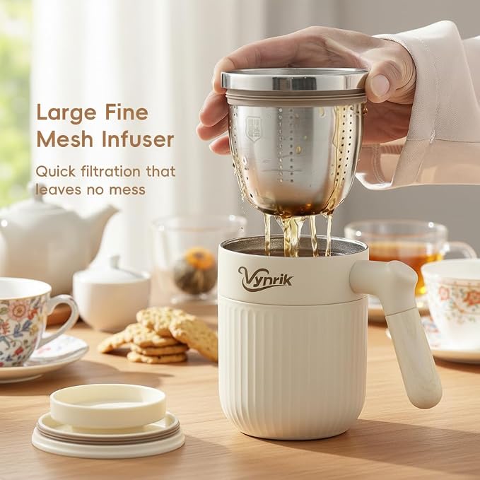 Tea Infuser Cup doubles as Insulated Coffee Mug,Tea Cup with Lid and Handles,Removable Stainless Steel Tea Strainers for Loose Tea (WHITE)
