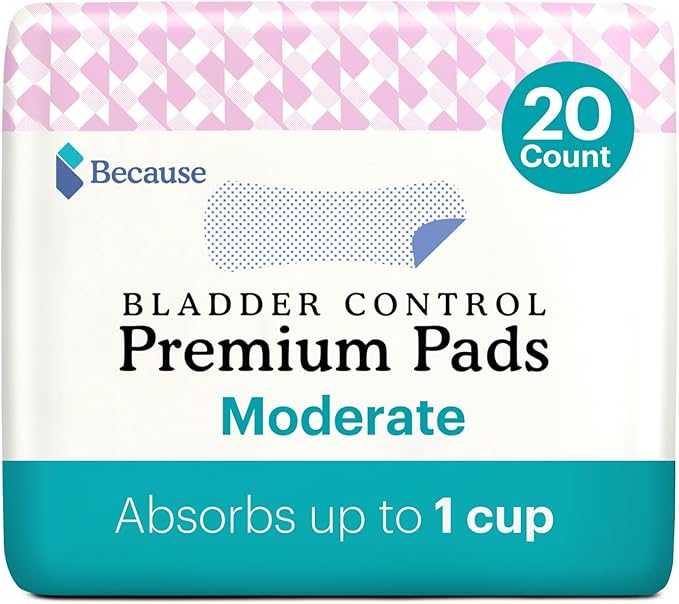 Because Premium Incontinence Pads for Women - Discreet, Individually Wrapped Liners - Moderate Absorbency, Ergonomic Design for Comfort, Leak Protection - 20 Count (Pack of 1)