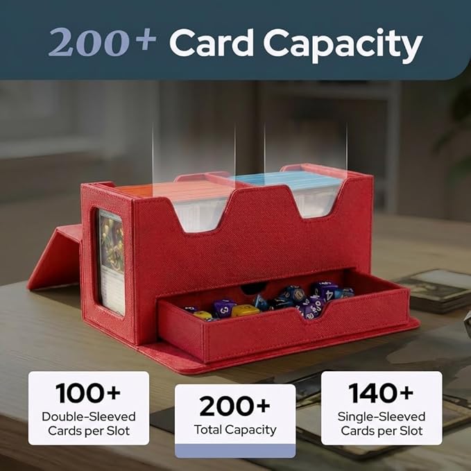 Card Deck Box Fits 200+ Double Sleeved，Commander Deck Box for Magic the Gathering with Dice Tray & Toploader Display,2 Dividers