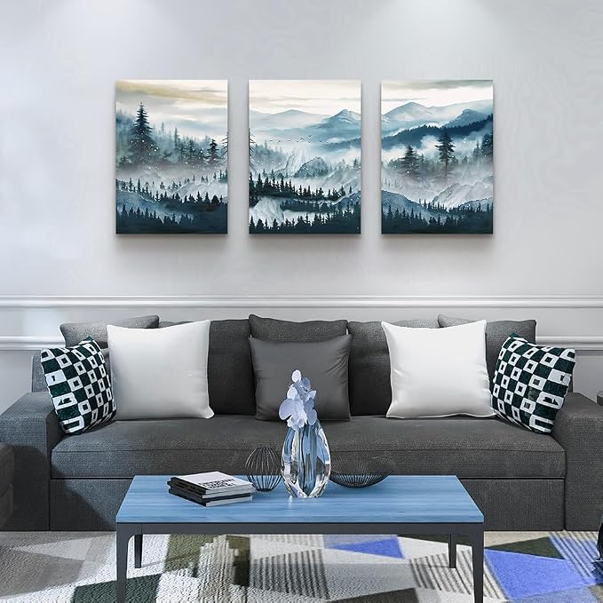 MHARTK66 Mountain Landscape Wall Art for Living Room, Large Foggy Forest Watercolor Artwork for Walls, 3 Piece Nature Mountain Forest Paintings Prints for Hallway Office Kitchen Wall Decor, 16x24 Inch