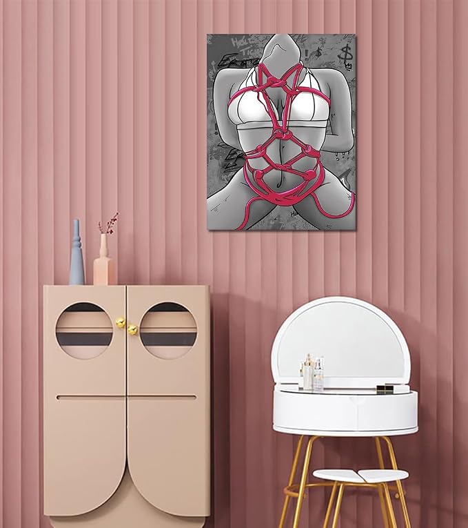 Yeesjoee Nude Female Canvas Wall Art Prints, Sexy Body with Pink Rope Bondage, Abstract Woman Figure Poster Painting Modern Artistic Decor for Bedroom Living Room Contemporary Home, 12x16 in Framed