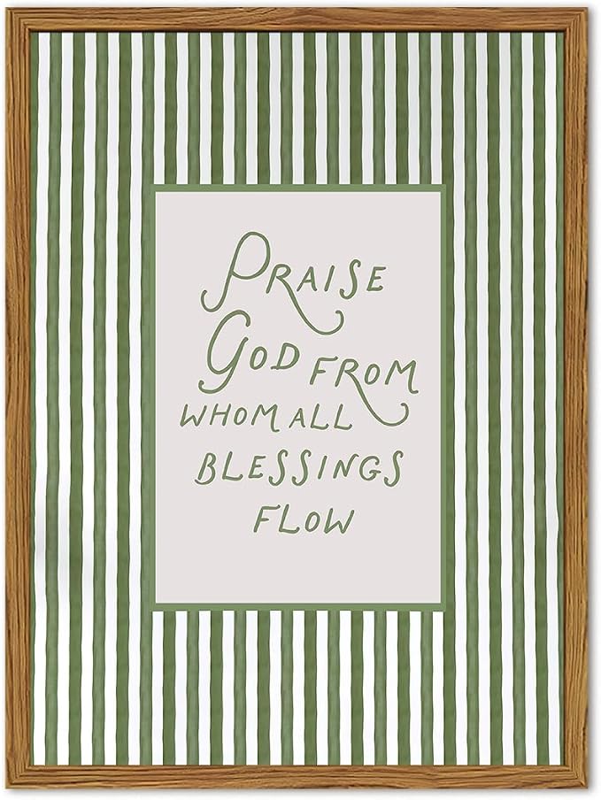 Framed Christian Wall Art, Praise God From Whom All Blessings Flow Scripture Pictures Wall Decor, Sage Green Striped Bible Verse Paintings Canvas Prints Religious Home Decor for Living Room 16x24 inch