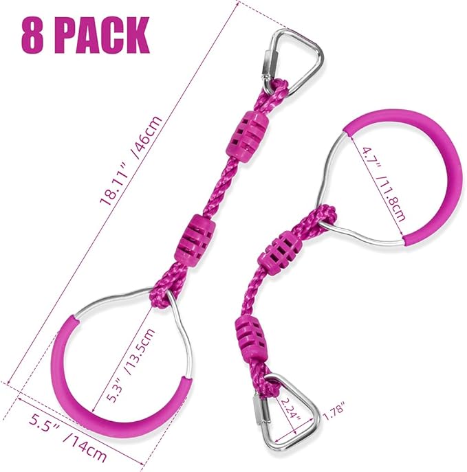 Swing Gymnastic Ring Warrior Obstacle Course Slackline Climb Trapeze Fist Training Equipment, 8 Purple Ninja Monkey Bar Hang Jungle Fist Workout Outdoor Indoor Home Gym Backyard Playground Play Sets