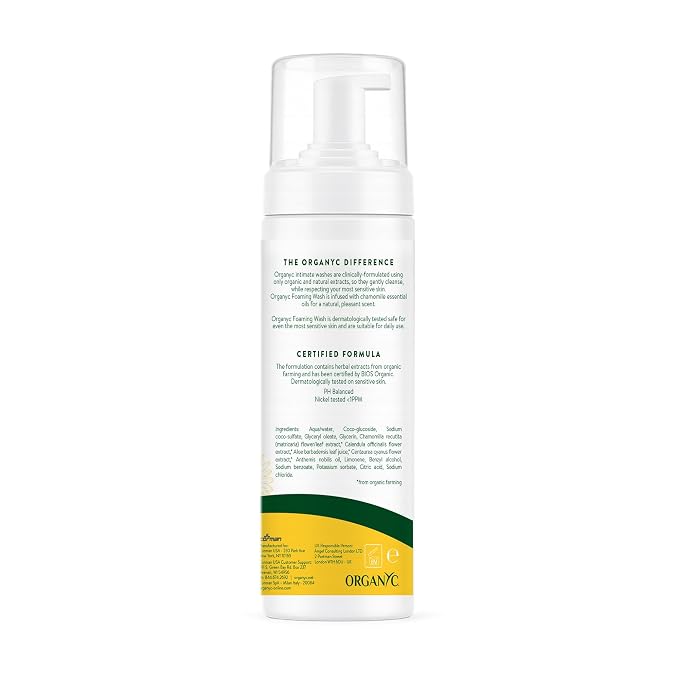 Organyc Intimate Foaming Wash for Women, Sensitive Skin Care, Certified Organic Ingredients, pH Balanced, Chamomile & Calendula, Gentle Daily Cleanser, 6.08 fl oz